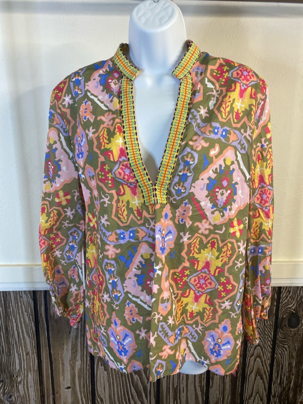 Zara Olive Multicolor Printed V-Neck Embroidered Blouse